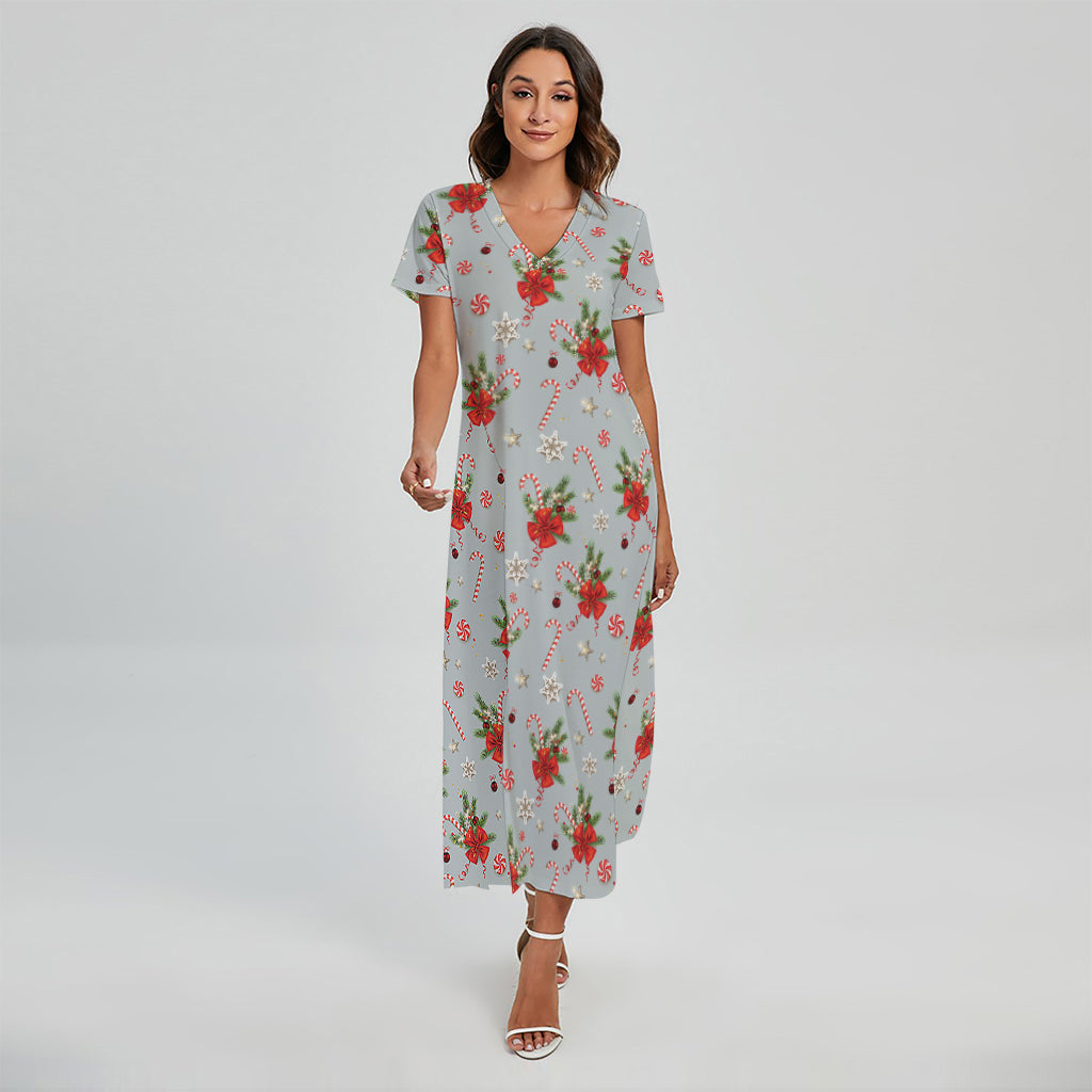 Christmas Winter Holiday Pattern Print Short Sleeve Maxi Dress