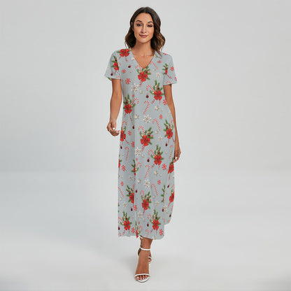 Christmas Winter Holiday Pattern Print Short Sleeve Maxi Dress