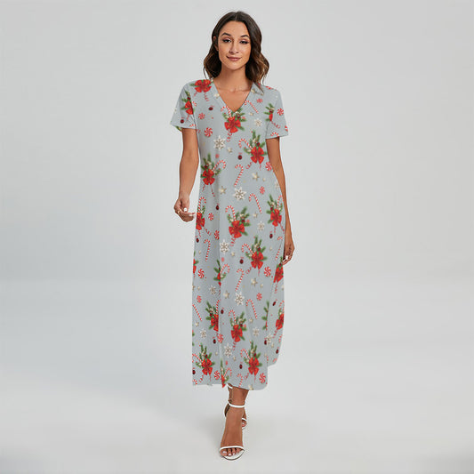 Christmas Winter Holiday Pattern Print Short Sleeve Maxi Dress