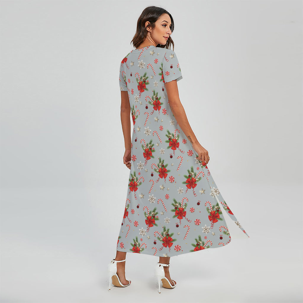 Christmas Winter Holiday Pattern Print Short Sleeve Maxi Dress