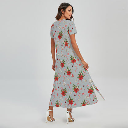 Christmas Winter Holiday Pattern Print Short Sleeve Maxi Dress