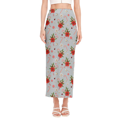 Christmas Winter Holiday Pattern Print Side Slit Maxi Skirt