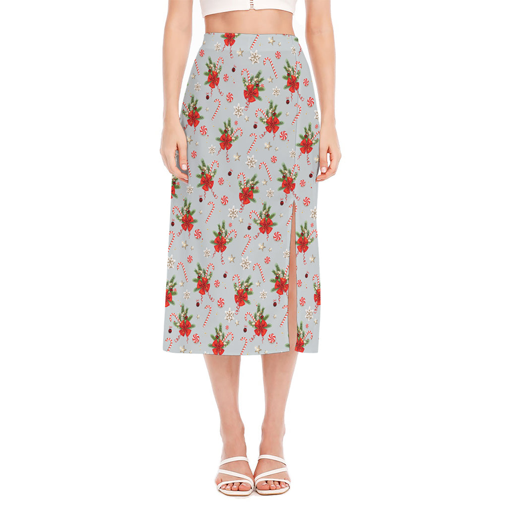 Christmas Winter Holiday Pattern Print Side Slit Midi Skirt
