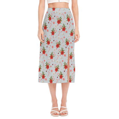 Christmas Winter Holiday Pattern Print Side Slit Midi Skirt