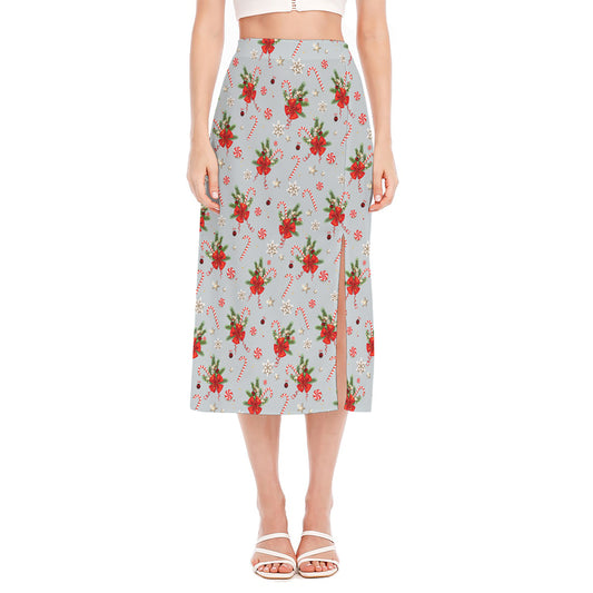 Christmas Winter Holiday Pattern Print Side Slit Midi Skirt