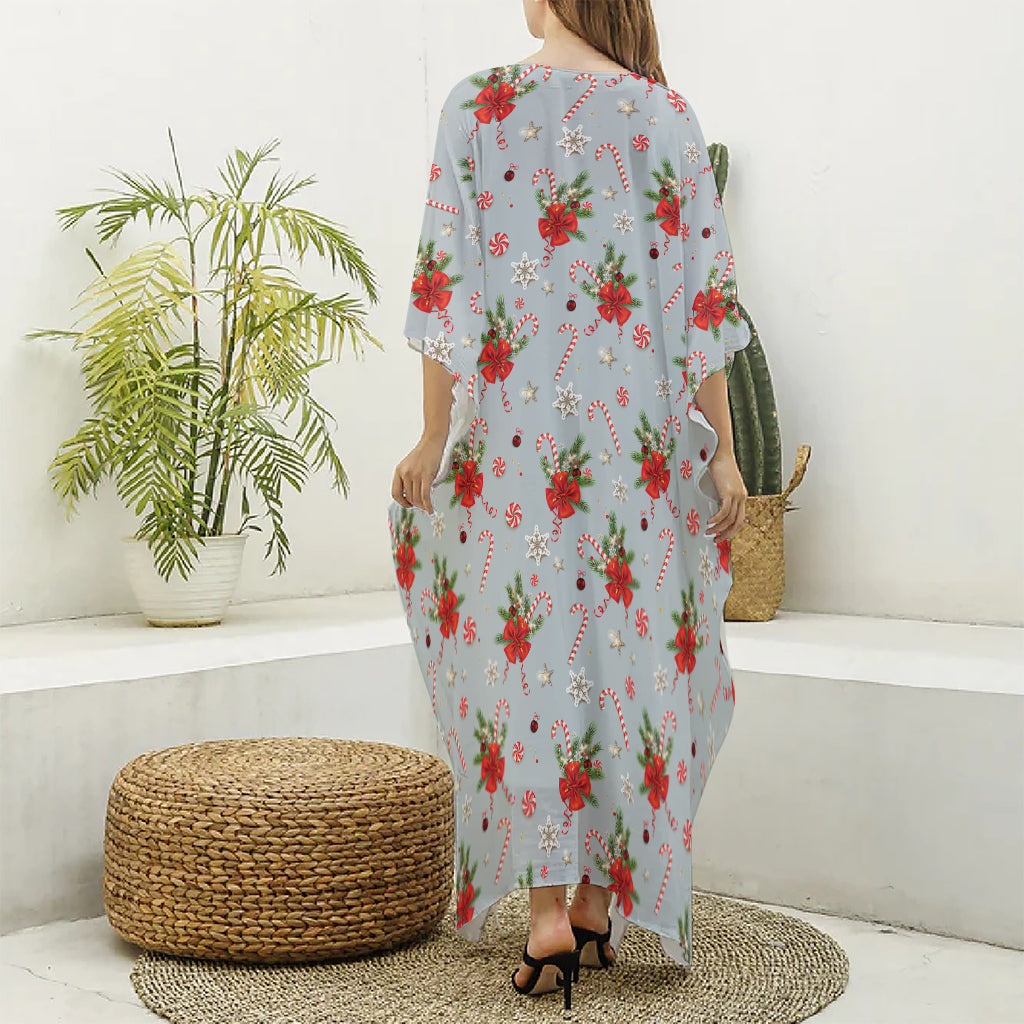 Christmas Winter Holiday Pattern Print Silk V-Neck Kaftan Dress