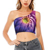 Chrysanthemum Flower Print One Shoulder Crop Top