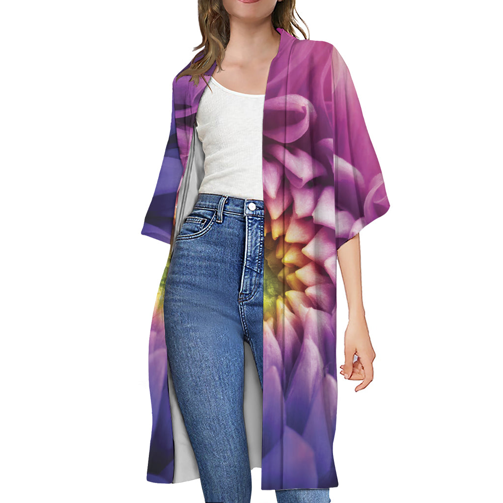 Chrysanthemum Flower Print Open Front Beach Cover Up