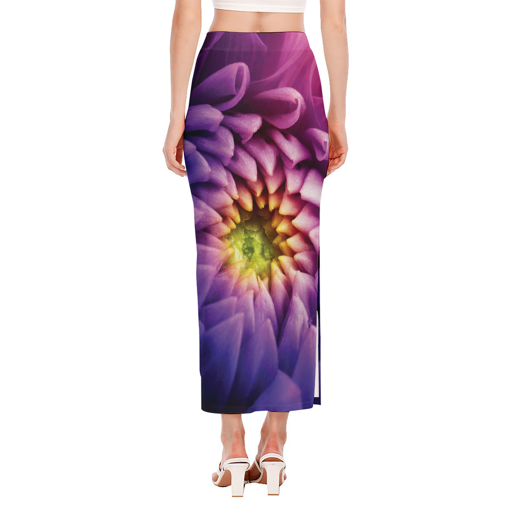 Chrysanthemum Flower Print Side Slit Maxi Skirt