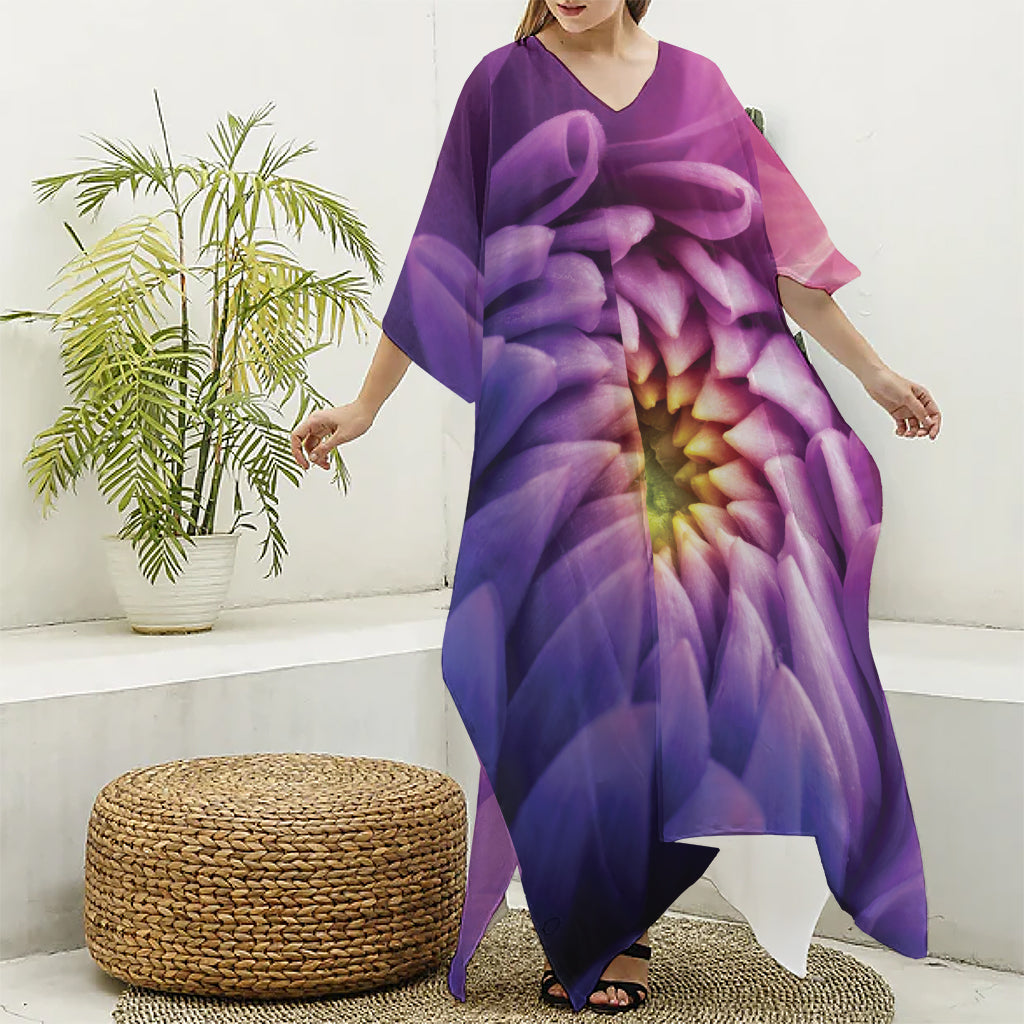 Chrysanthemum Flower Print Silk V-Neck Kaftan Dress