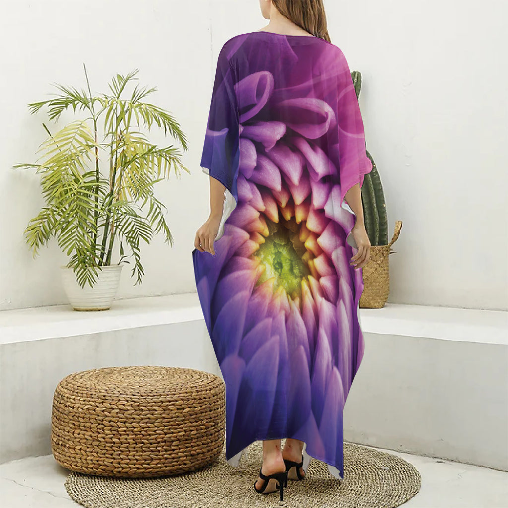 Chrysanthemum Flower Print Silk V-Neck Kaftan Dress