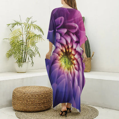 Chrysanthemum Flower Print Silk V-Neck Kaftan Dress