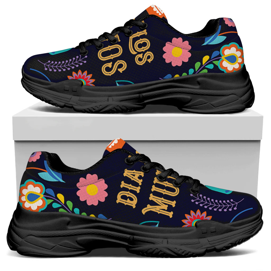 Cinco de Mayo Day Of The Dead Print Black Chunky Shoes