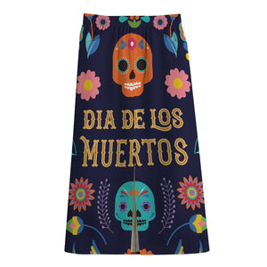 Cinco de Mayo Day Of The Dead Print Cotton Front Slit Maxi Skirt