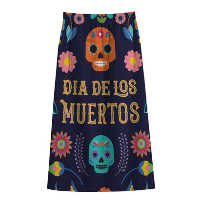 Cinco de Mayo Day Of The Dead Print Cotton Front Slit Maxi Skirt