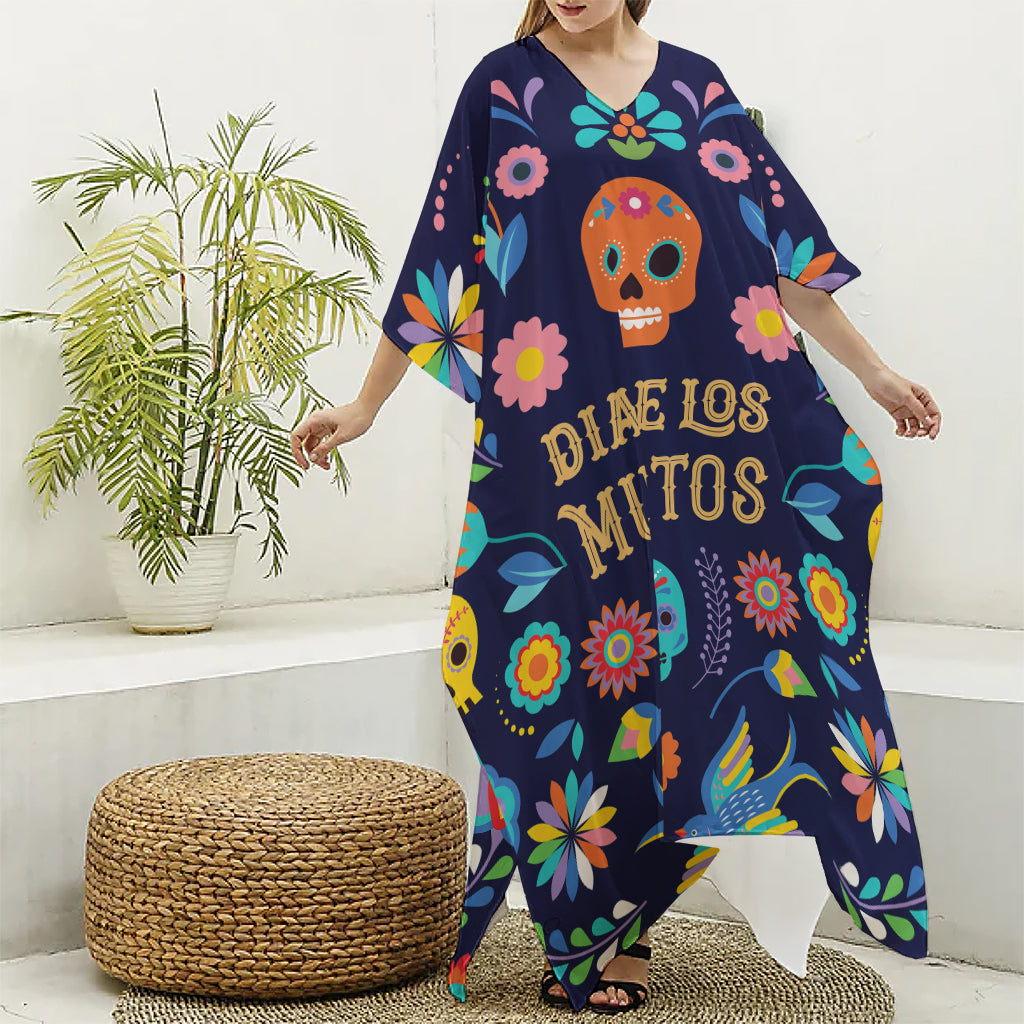 Cinco de Mayo Day Of The Dead Print Silk V-Neck Kaftan Dress