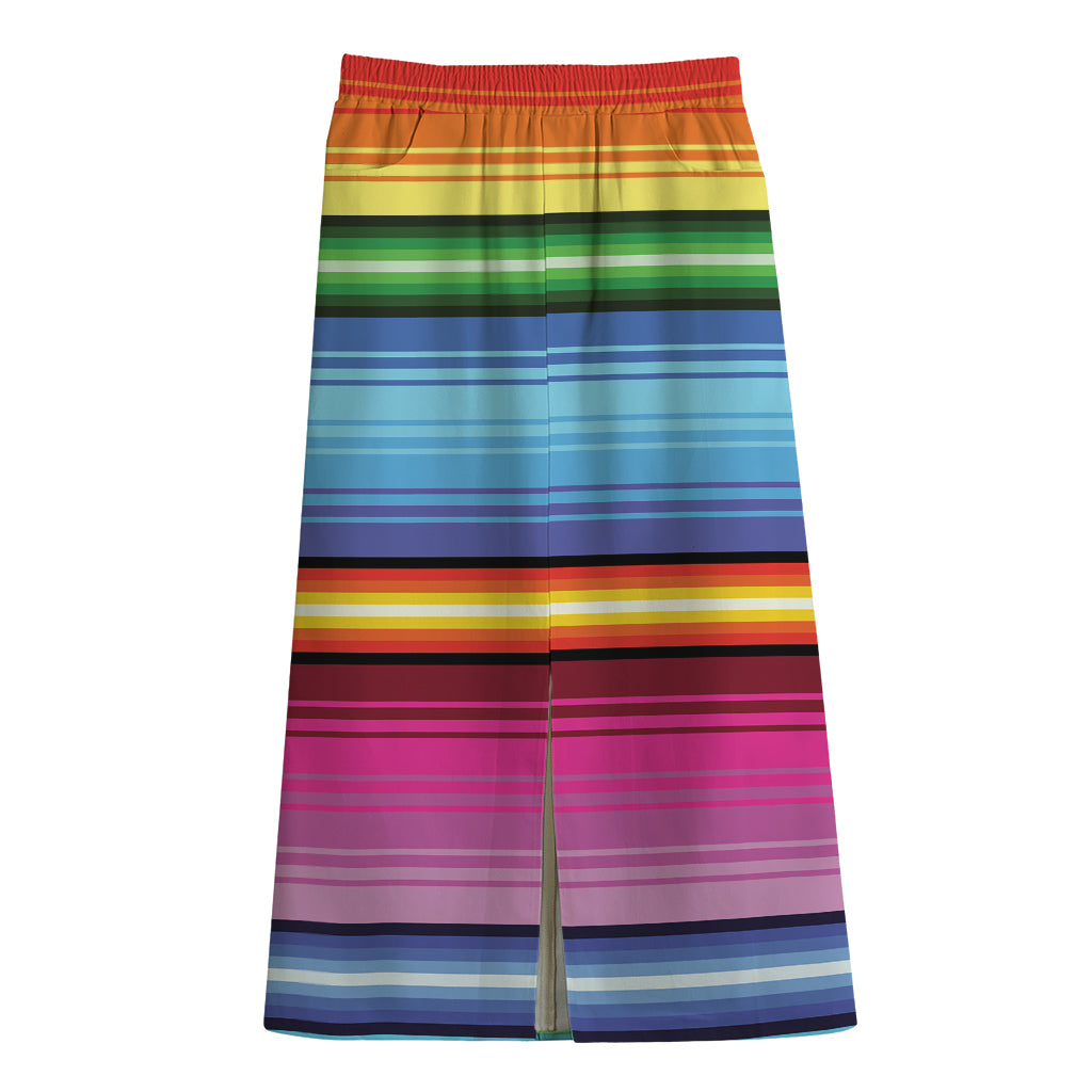 Cinco De Mayo Mexican Stripe Print Cotton Front Slit Maxi Skirt