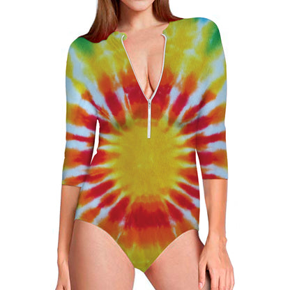 Circle Tie Dye Print Long Sleeve Swimsuit