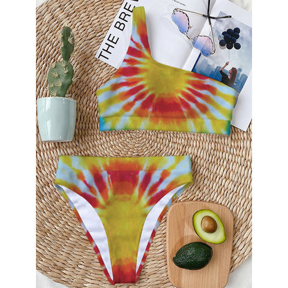 Circle Tie Dye Print One Shoulder Bikini Top