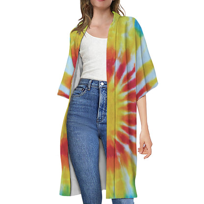 Circle Tie Dye Print Open Front Beach Cover Up
