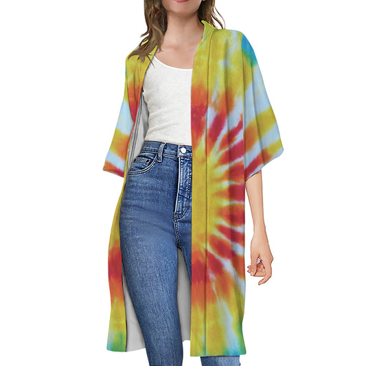 Circle Tie Dye Print Open Front Beach Cover Up