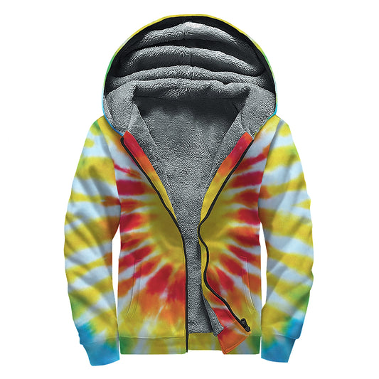 Circle Tie Dye Print Sherpa Lined Zip Up Hoodie