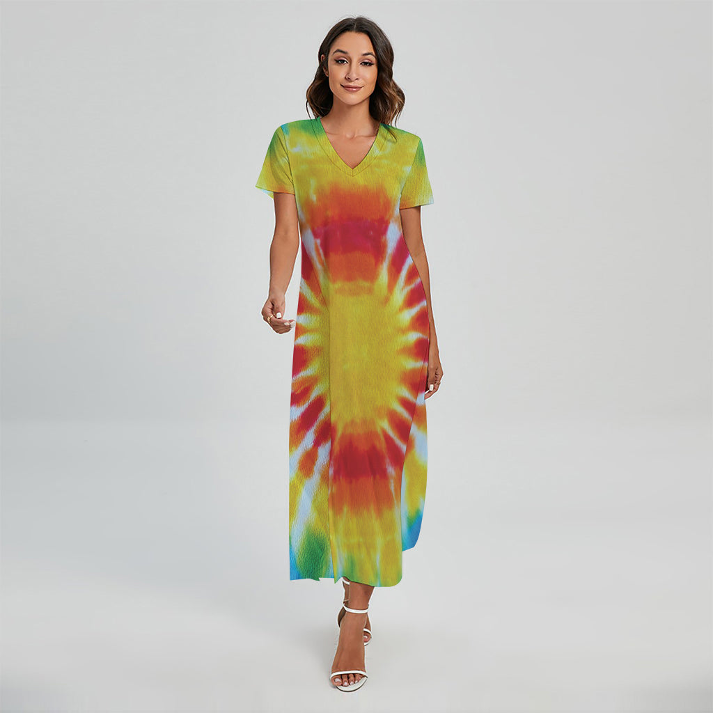 Circle Tie Dye Print Short Sleeve Maxi Dress