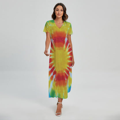 Circle Tie Dye Print Short Sleeve Maxi Dress