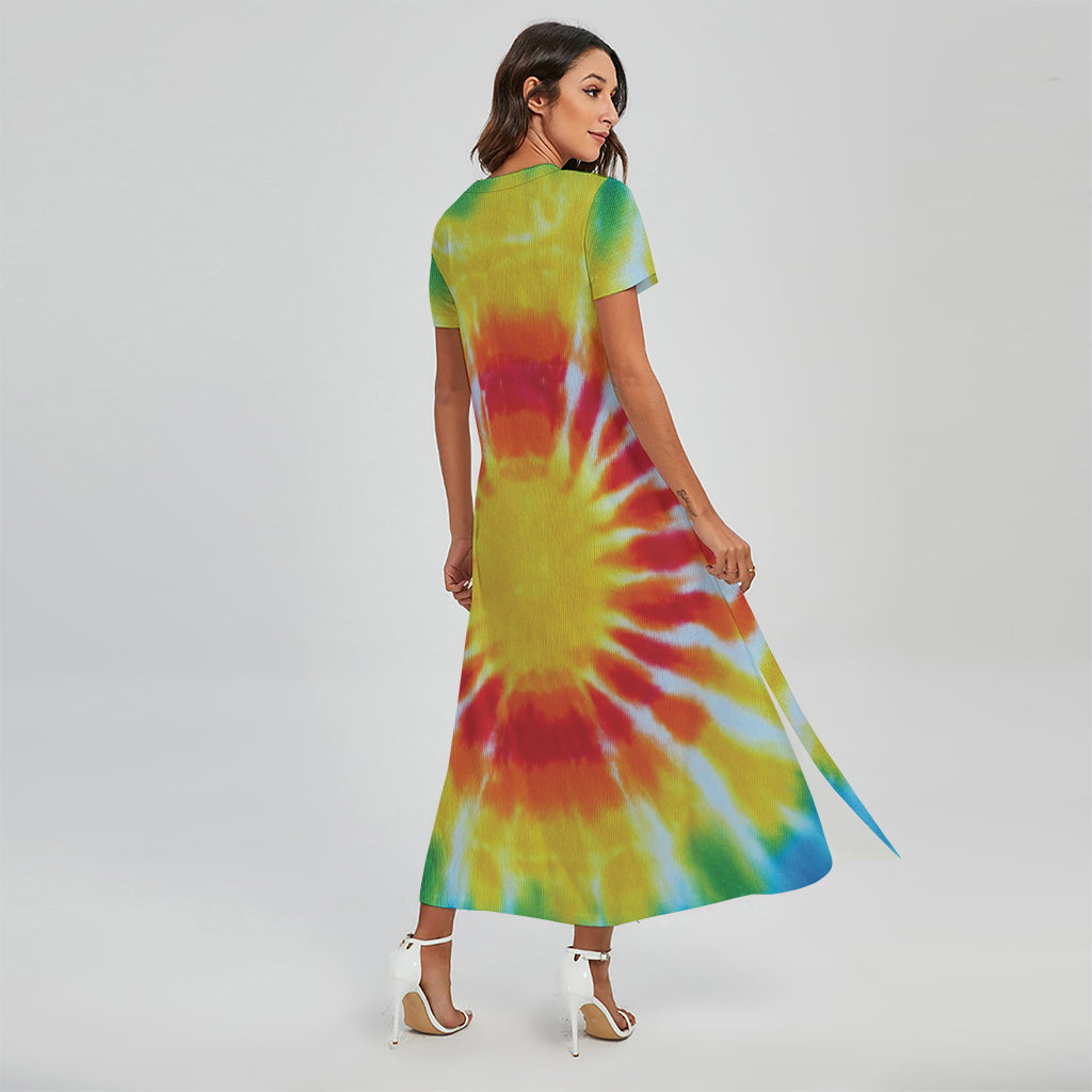 Circle Tie Dye Print Short Sleeve Maxi Dress