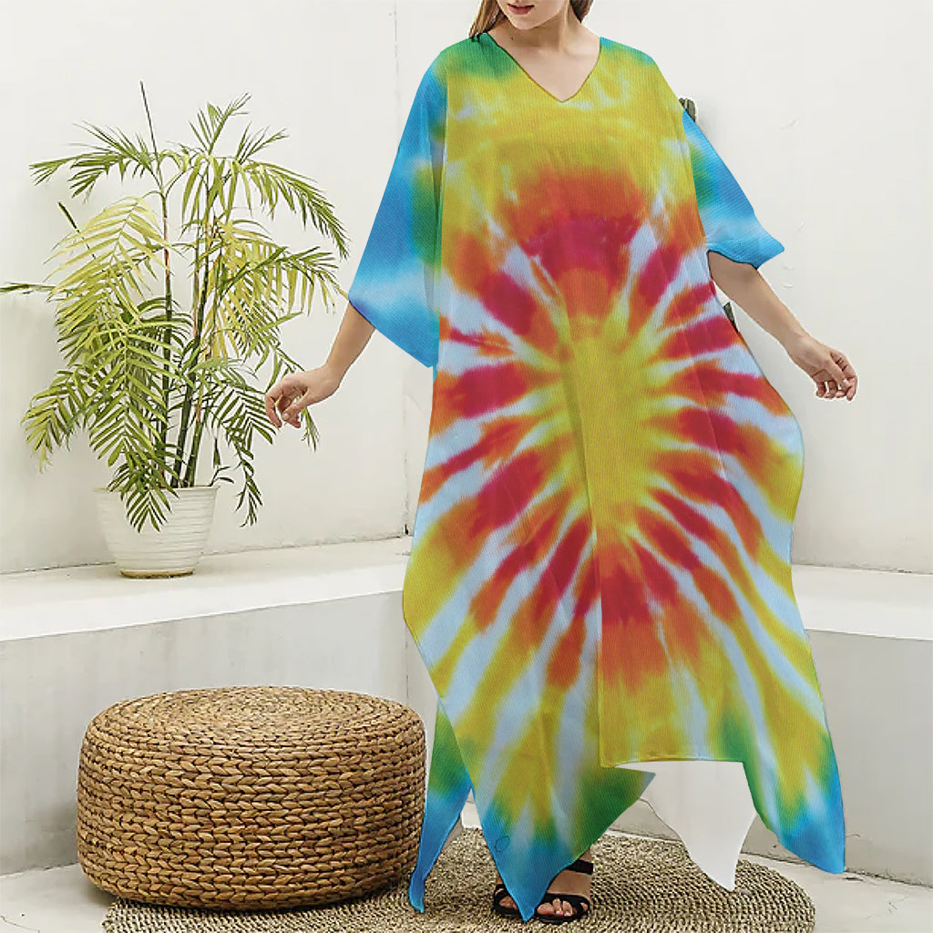 Circle Tie Dye Print Silk V-Neck Kaftan Dress