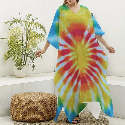 Circle Tie Dye Print Silk V-Neck Kaftan Dress