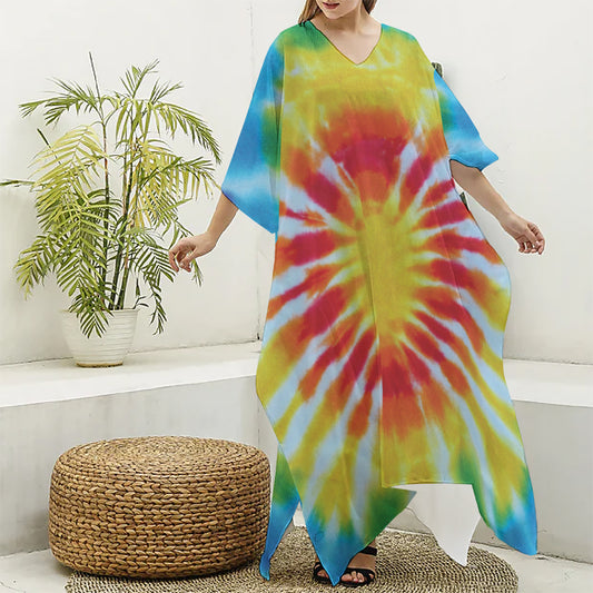 Circle Tie Dye Print Silk V-Neck Kaftan Dress