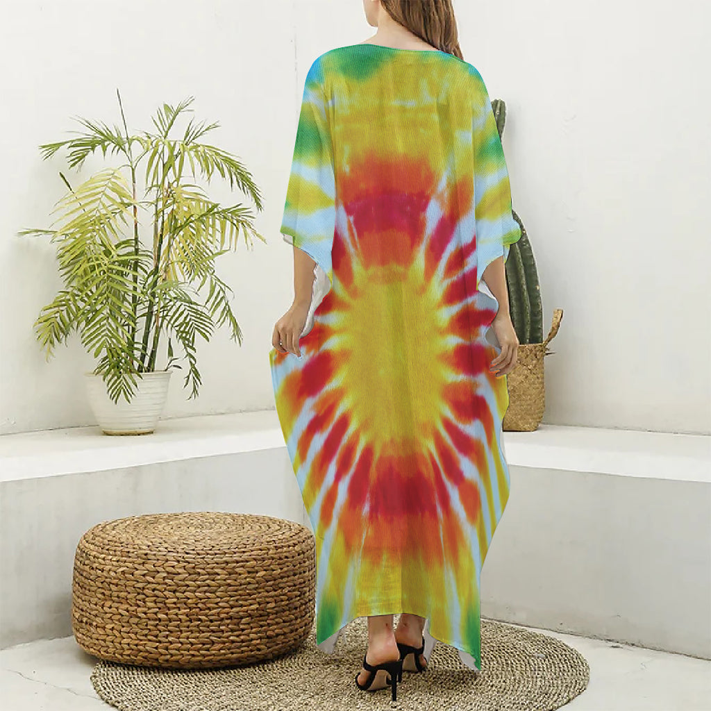 Circle Tie Dye Print Silk V-Neck Kaftan Dress