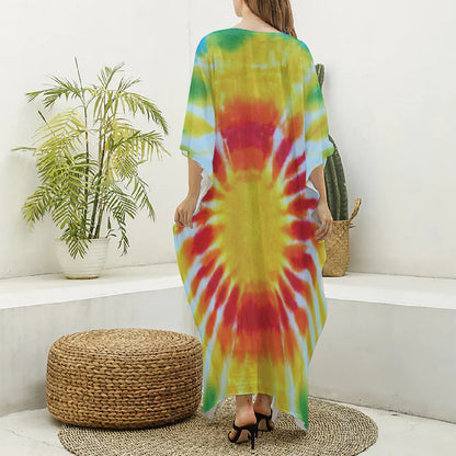 Circle Tie Dye Print Silk V-Neck Kaftan Dress