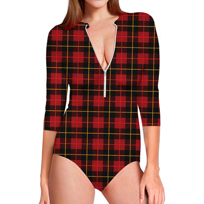 Clan Macqueen Tartan Pattern Print Long Sleeve Swimsuit