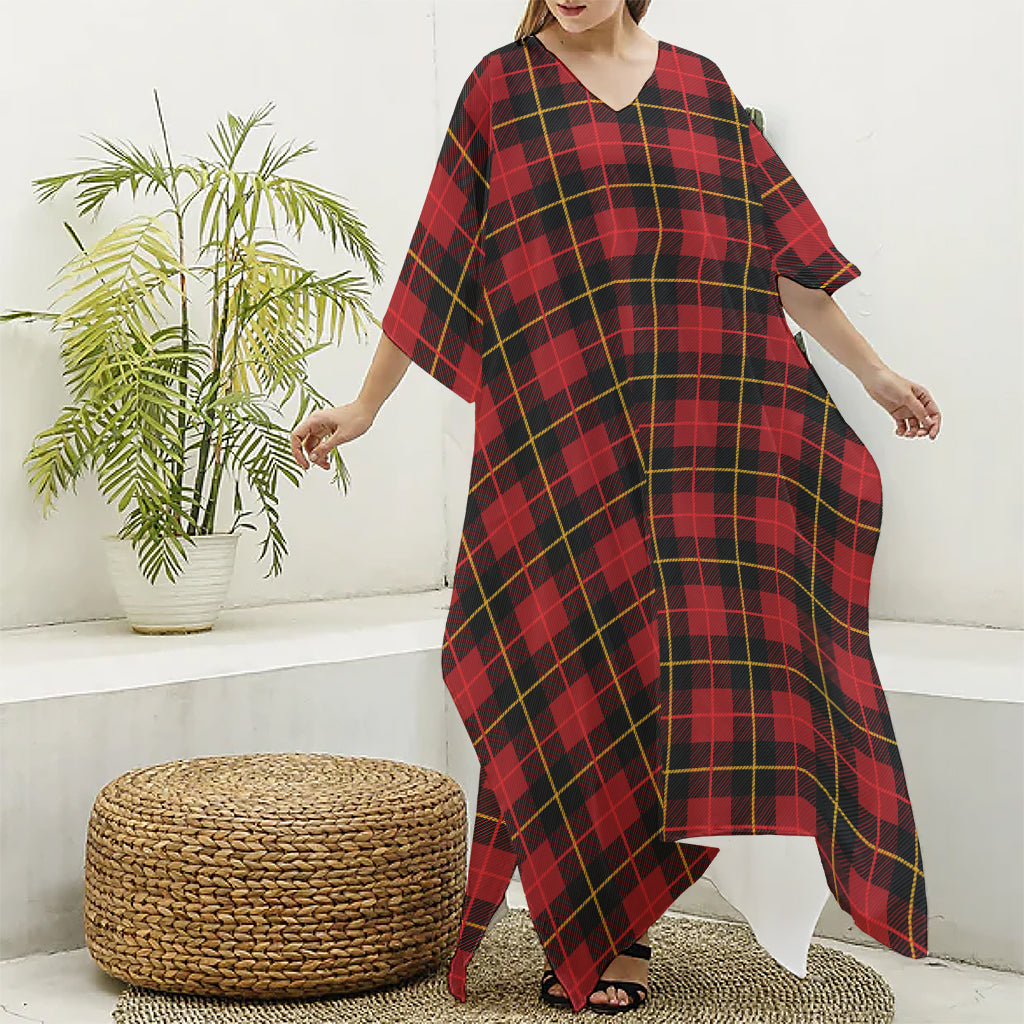 Clan Macqueen Tartan Pattern Print Silk V-Neck Kaftan Dress
