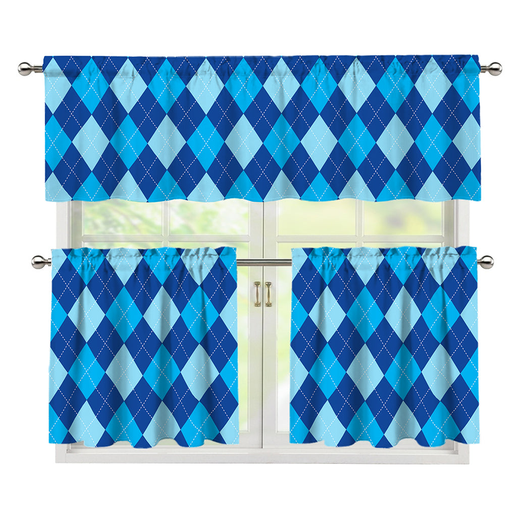 Classic Blue Argyle Pattern Print 3 Piece Kitchen Curtains