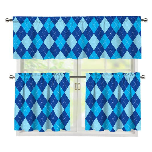 Classic Blue Argyle Pattern Print 3 Piece Kitchen Curtains