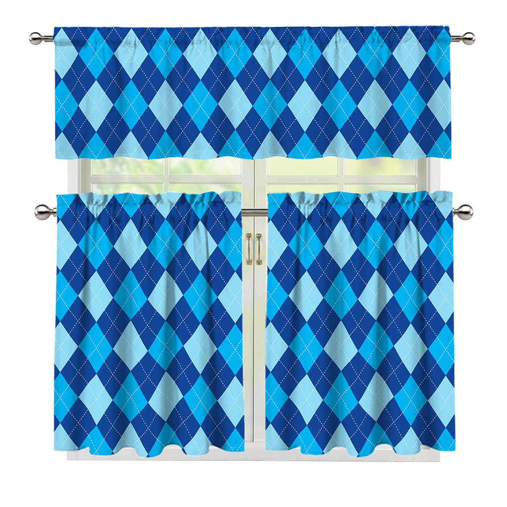 Classic Blue Argyle Pattern Print 3 Piece Kitchen Curtains