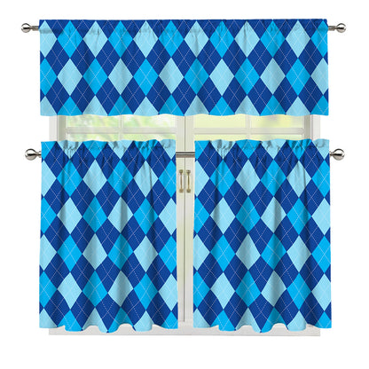 Classic Blue Argyle Pattern Print 3 Piece Kitchen Curtains