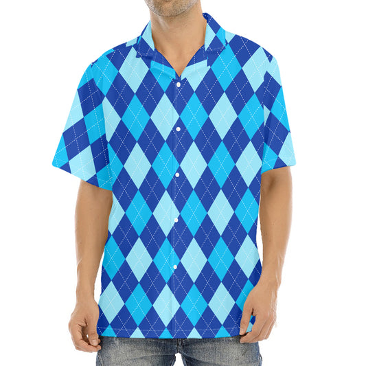 Classic Blue Argyle Pattern Print Aloha Shirt
