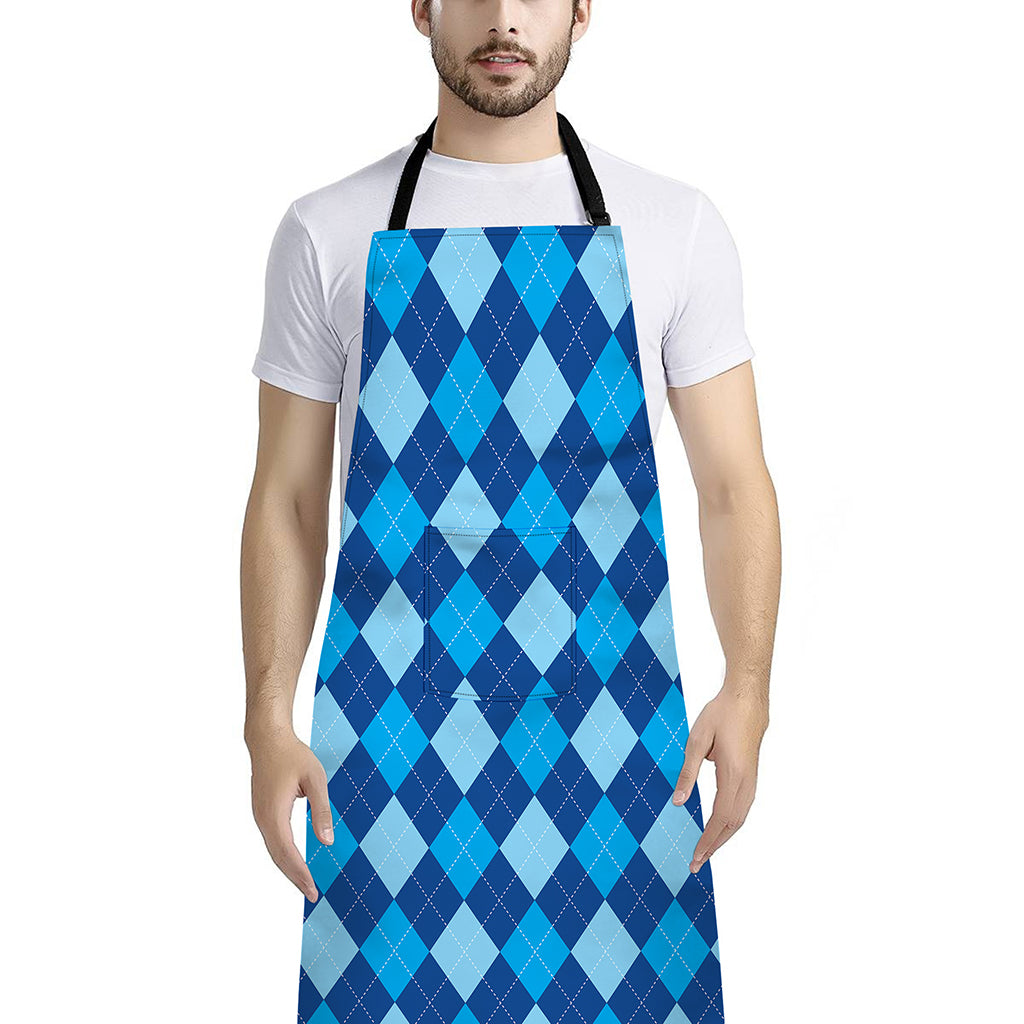 Classic Blue Argyle Pattern Print Bib Apron With Pocket