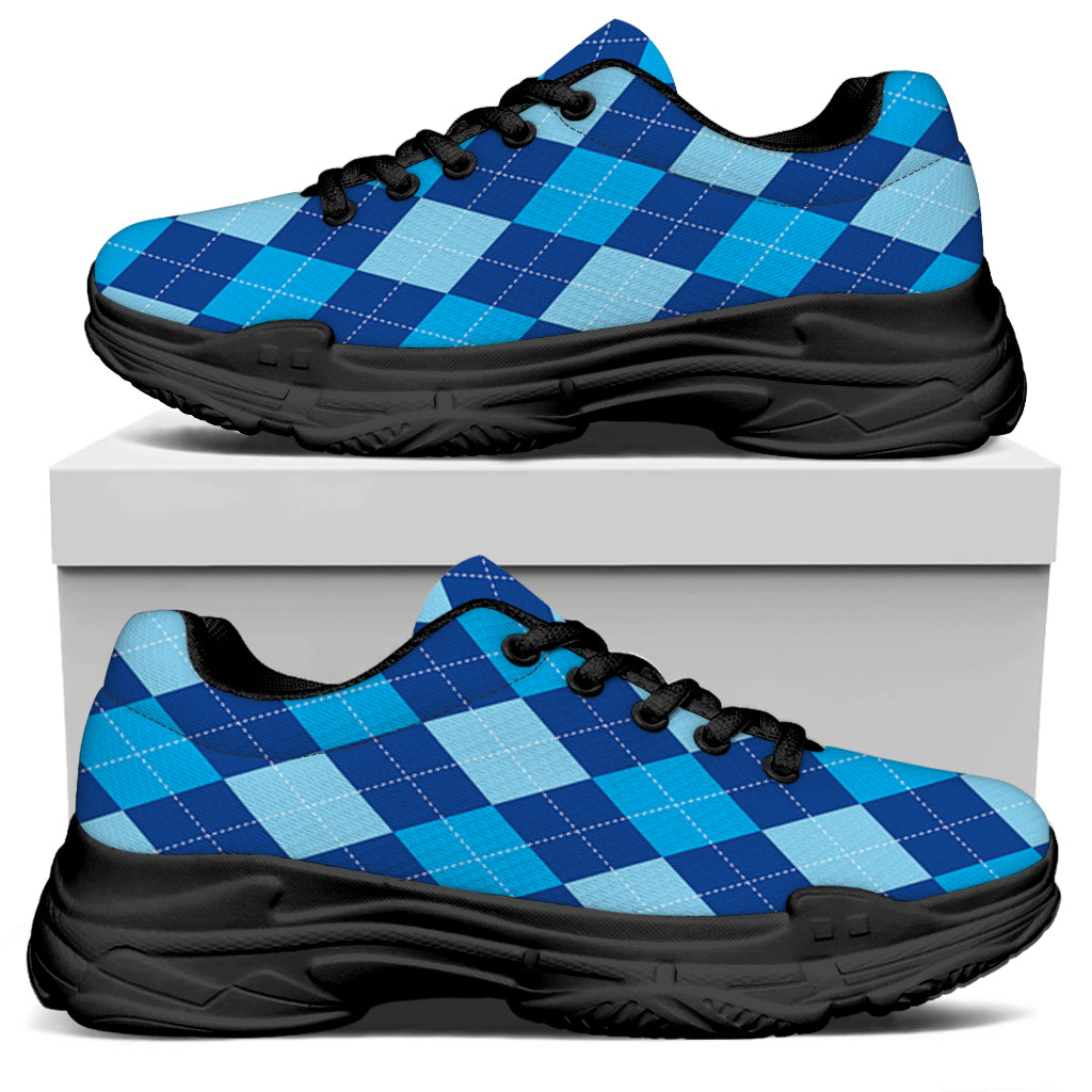 Classic Blue Argyle Pattern Print Black Chunky Shoes