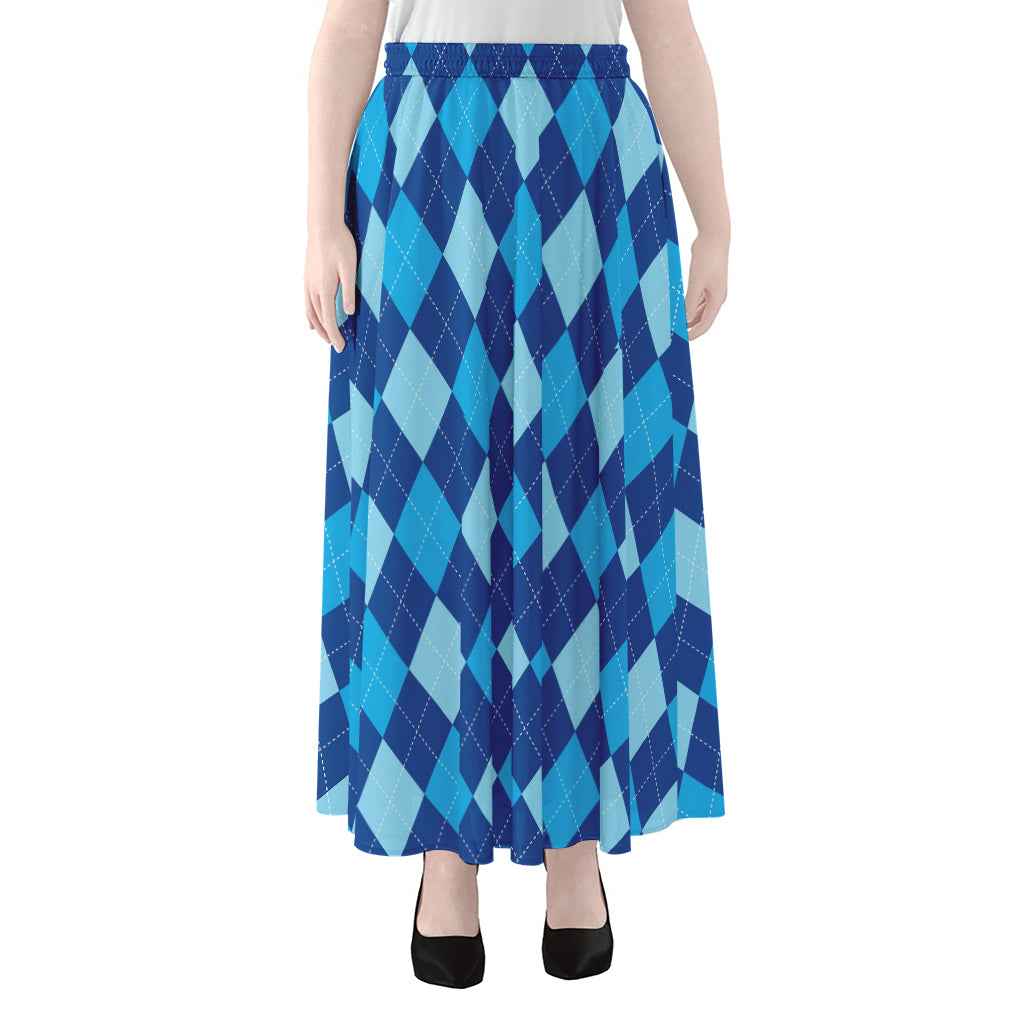 Classic Blue Argyle Pattern Print Chiffon Maxi Skirt