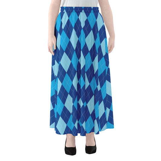 Classic Blue Argyle Pattern Print Chiffon Maxi Skirt