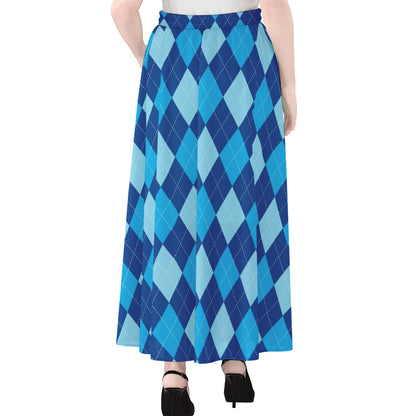 Classic Blue Argyle Pattern Print Chiffon Maxi Skirt