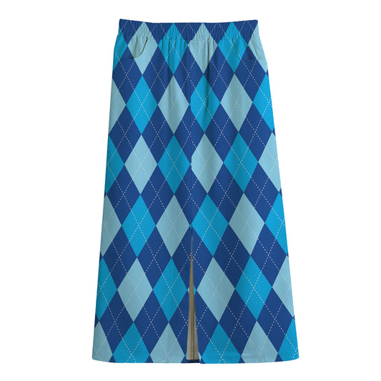Classic Blue Argyle Pattern Print Cotton Front Slit Maxi Skirt