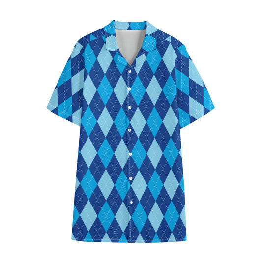 Classic Blue Argyle Pattern Print Cotton Hawaiian Shirt