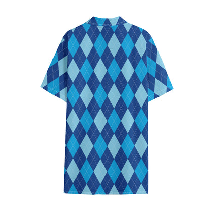 Classic Blue Argyle Pattern Print Cotton Hawaiian Shirt