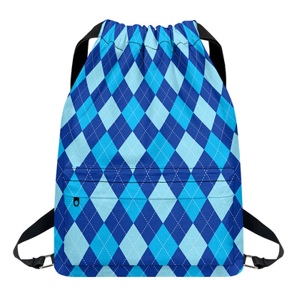 Classic Blue Argyle Pattern Print Drawstring Backpack